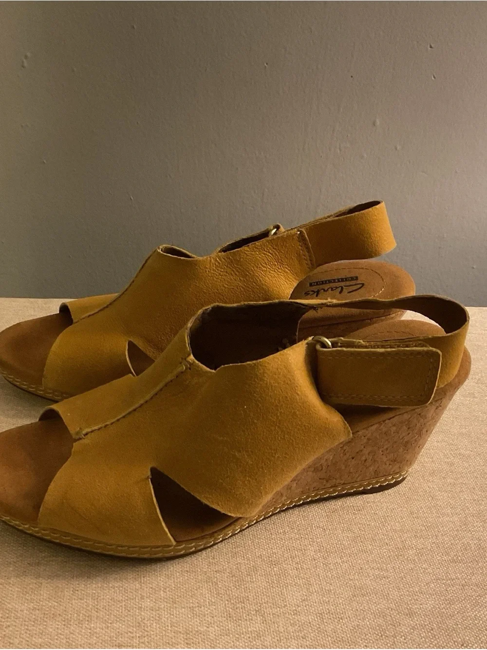 Clarks Yellow Suede Peep-Toe Slingback Wedge Sandals